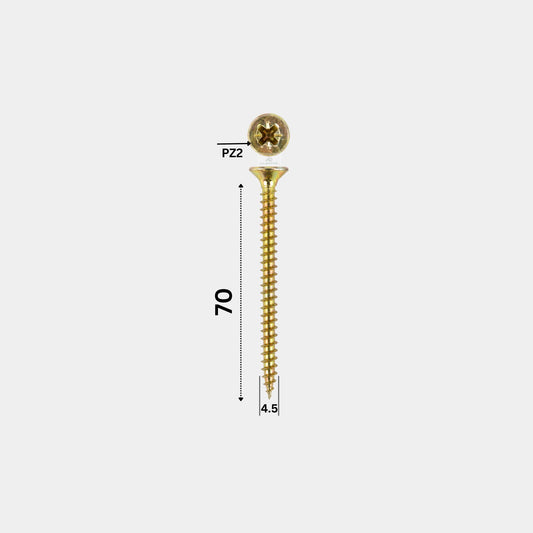 Surub pentru pal si lemn filet total 4.5x70 mm cap inecat zincat galben - 250 buc/cutie