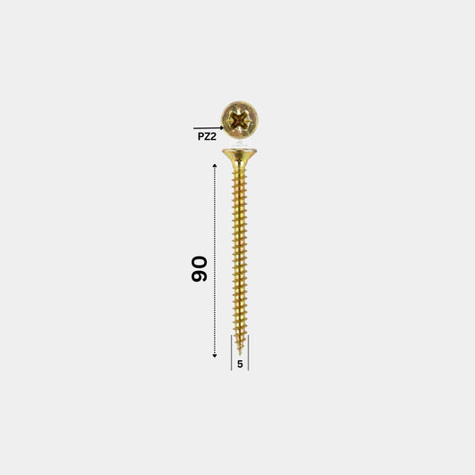 Surub pentru pal si lemn filet total 5x90 mm cap inecat zincat galben - 250 buc/cutie